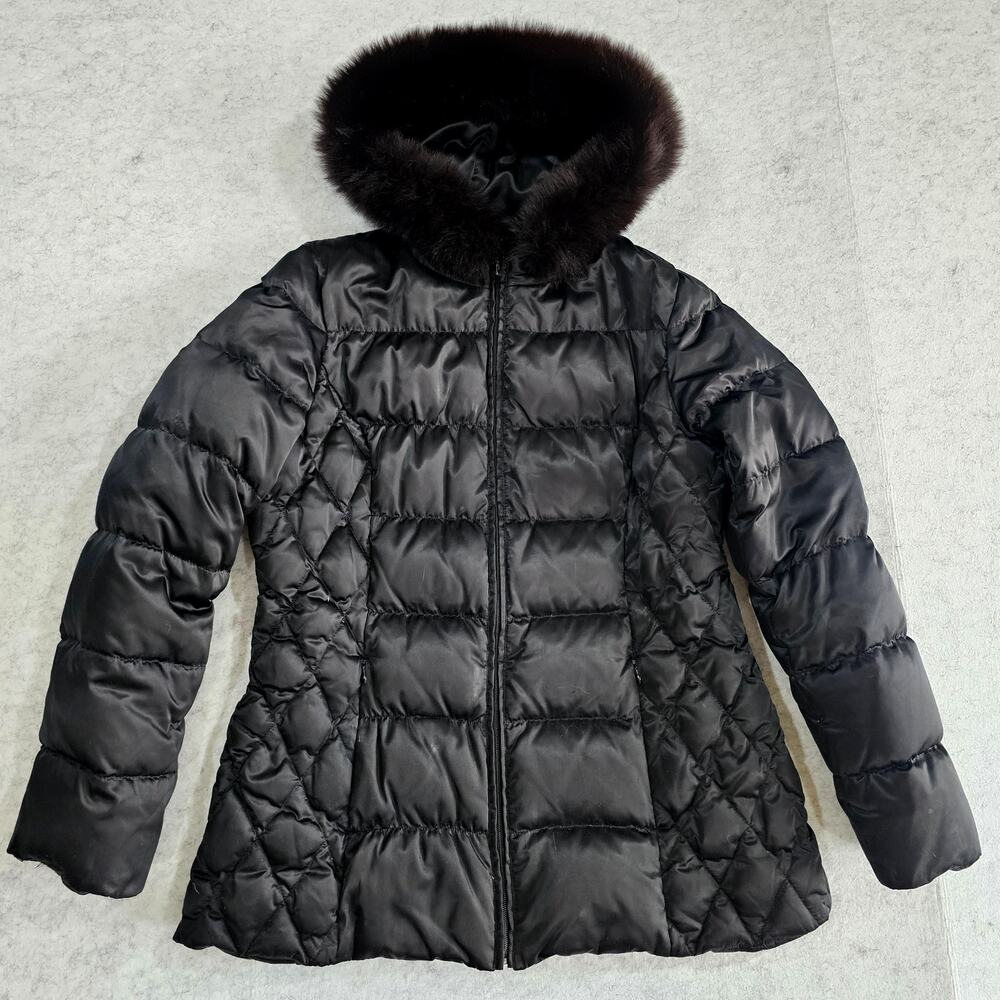 1 Madison Down Puffer Coat Fur Trim Hood Quilted Feathers Waterfowl Black Sz L